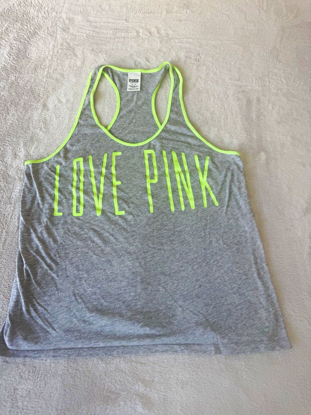 PINK Victoria's Secret Gray Racerback Tank Top Green Trim Logo Graphic M
